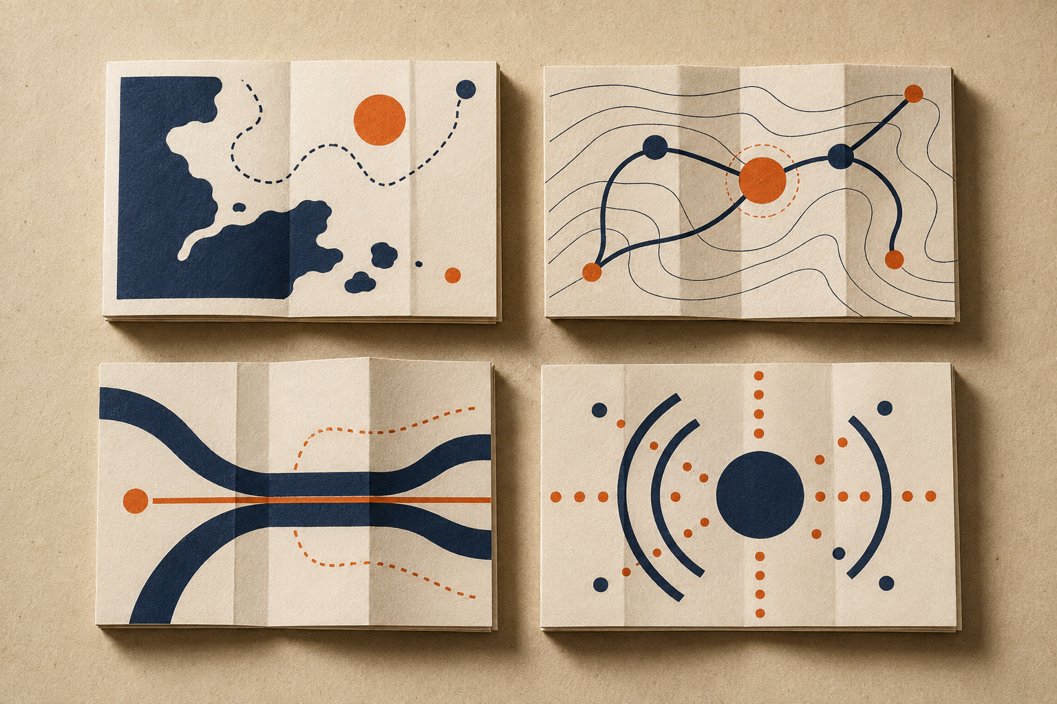 Four abstract route cards arranged as a departure board