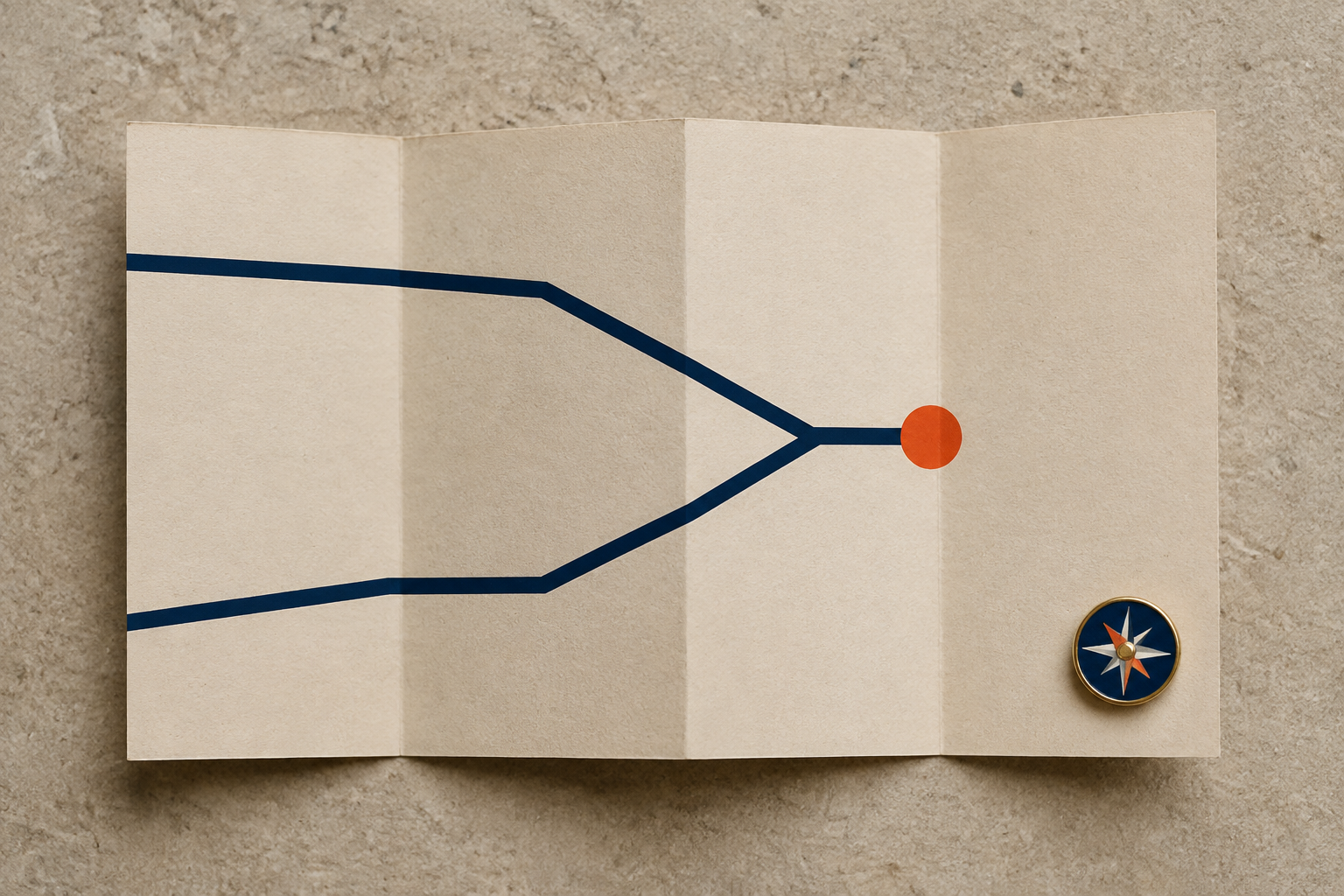 Folded guide with converging routes and an orange destination marker